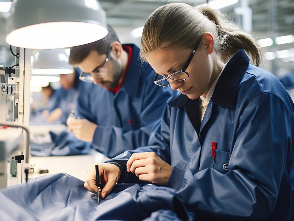 The image showcases a professional quality control process within a garment manufacturing facility. In the visual representation, you can see skilled quality control inspectors meticulously examining finished hoodies. They are equipped with magnifying glasses and specialized tools to closely inspect the fabric surfaces.