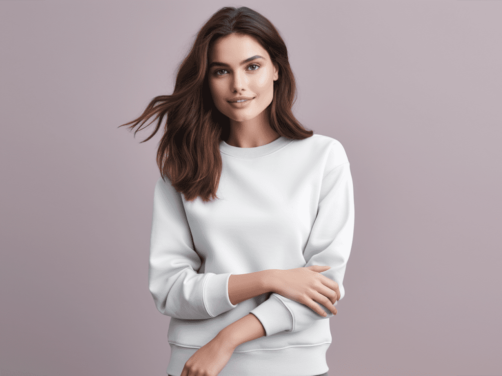 The image showcases a stylish ensemble featuring a crewneck sweatshirt accessorized to create a fashionable look.