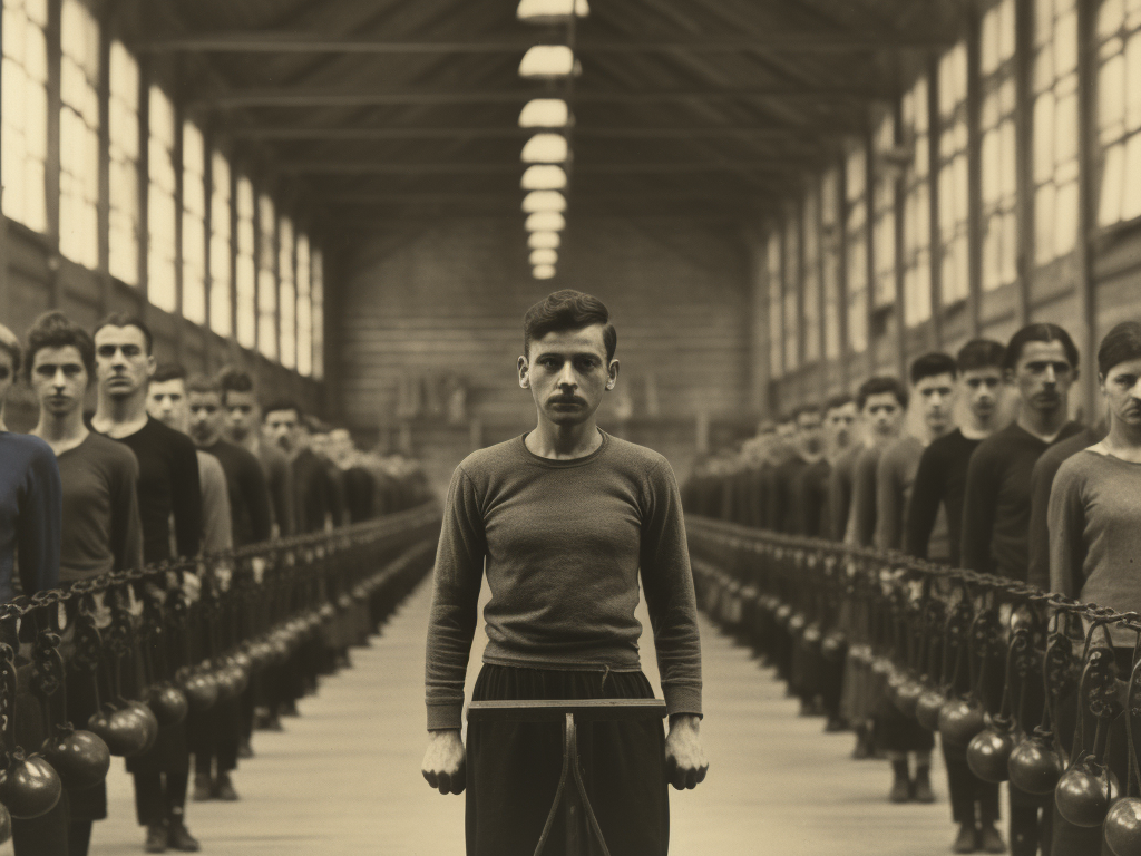 The image showcases a vintage black-and-white scene from an early 20th-century gymnasium. In the foreground, a group of athletes, dressed in the original sweatshirts made of thick cotton, are captured mid-training. Their sweatshirts, though plain and devoid of logos, appear snug and comfortable, clinging to their bodies as they move. On the sidelines, a coach wearing a similar sweatshirt stands with a whistle, observing the athletes. The backdrop is a simple indoor court with minimal equipment, emphasizing the primary focus on the garment's functionality during this era. The atmosphere conveys a sense of nostalgia, transporting viewers back to the days when sweatshirts were purely utilitarian.