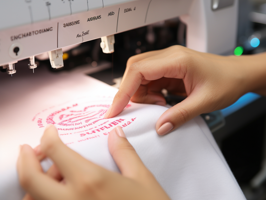 The image shows a close-up of a care label stitched into the seam of a printed t-shirt. Symbols indicating washing temperature, cycle type, and other care guidelines are prominently displayed. Beside the label, a hand is seen flipping the shirt inside out, highlighting the recommended method to maintain the print's integrity. In the background, faintly blurred out, are a washing machine and a bottle of mild detergent, emphasizing the proper care environment.