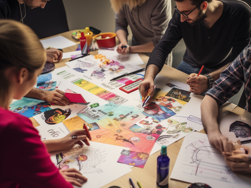 The images depict various brainstorming and ideation techniques employed in the t-shirt design process. Designers and creators are seen engaging in activities such as sketching, mind mapping, mood board creation, and collaborative discussions. These techniques help generate innovative design concepts that align with the preferences of the target audience and the brand's identity. Brainstorming sessions foster creativity and allow designers to explore different ideas before selecting the most compelling designs for further development.