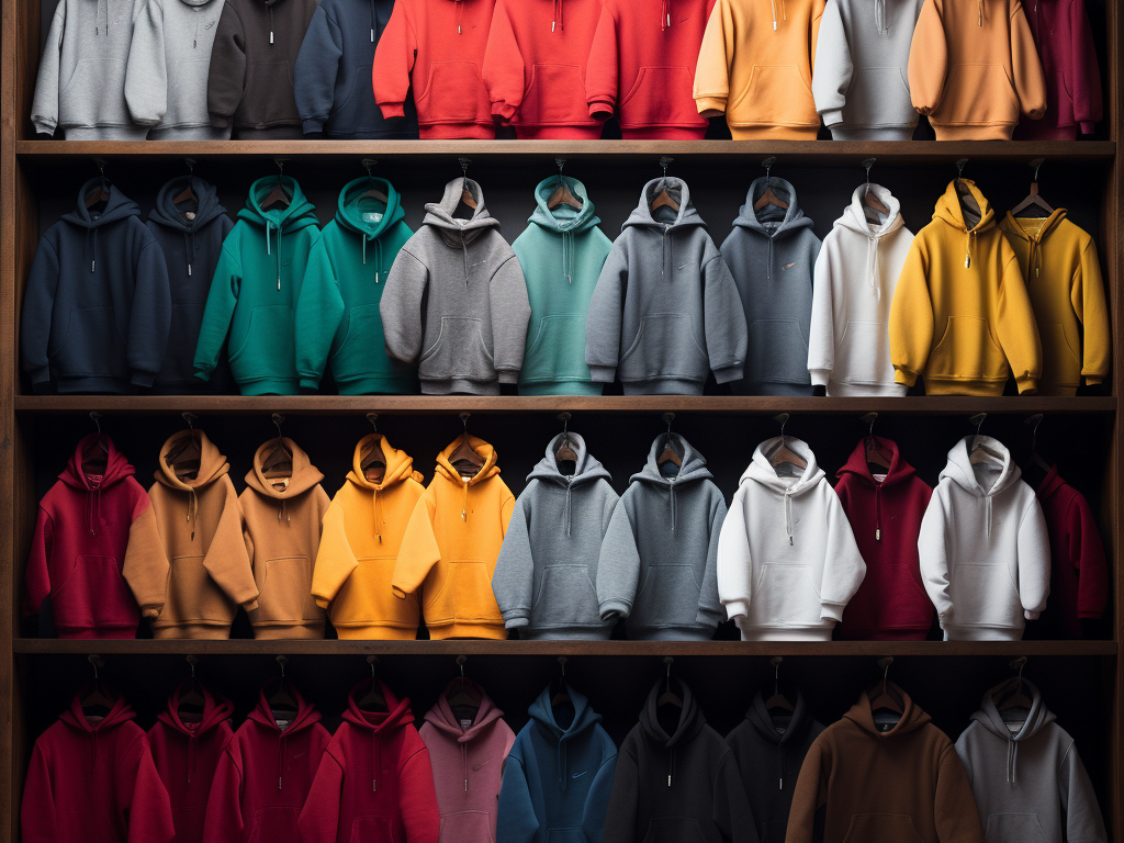 The picture shows various types of hoodies (such as zipper hoodies, half-zip hoodies, short hoodies, short-sleeved hoodies, sleeveless hoodies, etc.) neatly arranged in different colors.