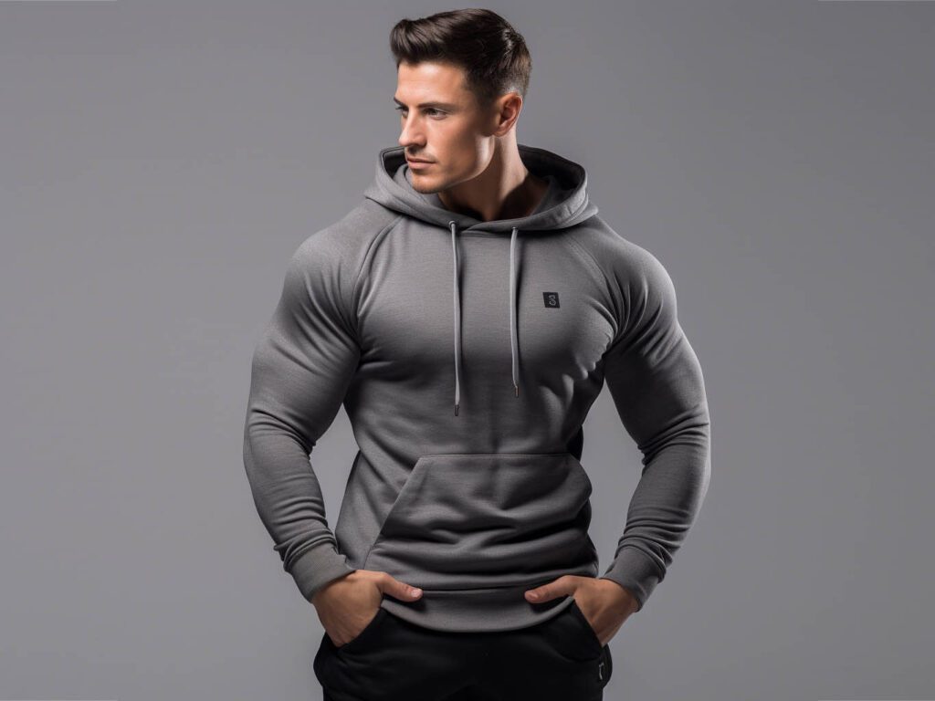 The text discusses the characteristics and benefits of slim-fitting hoodies. It highlights their slimming design, high-quality fabrics, comfort, and versatility.