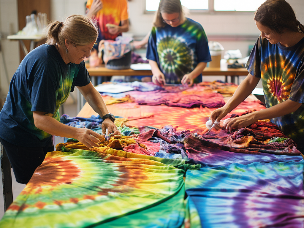 The visual journey through the world of tie-dye T-shirts starts with a splash of vibrant dyes, where skilled artisans carefully apply colors to create intricate patterns.