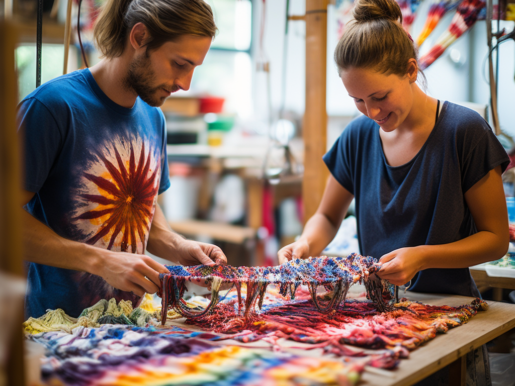 The visual journey through the world of tie-dye T-shirts starts with a splash of vibrant dyes, where skilled artisans carefully apply colors to create intricate patterns.