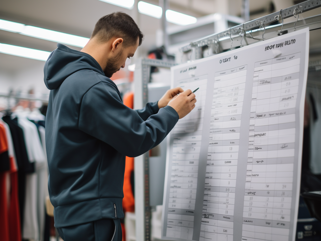 This image depicts the quality control and testing process in sweatsuit manufacturing. A quality control inspector is shown closely examining a sweatsuit for any imperfections in the fabric, stitching, or construction. Additionally, there is a representation of various testing procedures, including colorfastness, shrinkage, pilling resistance, and durability tests, to ensure that the sweatsuits meet the highest standards of quality and performance.