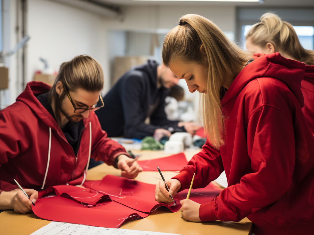 This image provides an overview of the pattern making and sample creation process for sweatsuits. Skilled pattern makers are shown working on detailed patterns, meticulously translating the design into precise measurements and shapes. The process involves multiple iterations and adjustments to ensure a perfect fit and flattering look for the sweatsuits. Manufacturers may create prototypes or samples to test the pattern and make necessary modifications, allowing for visualization of the final product and design changes before mass production begins.