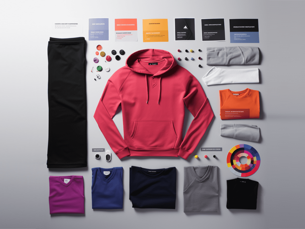 This image showcases various customization options available in sweatsuit manufacturing. It includes a visual representation of custom colors, intricate prints, personalized labels, and tags. Additionally, it highlights digital printing technology for vibrant designs and embroidery/applique techniques for adding texture and dimension to sweatsuits, allowing you to create unique and personalized products that reflect your brand's identity and style.