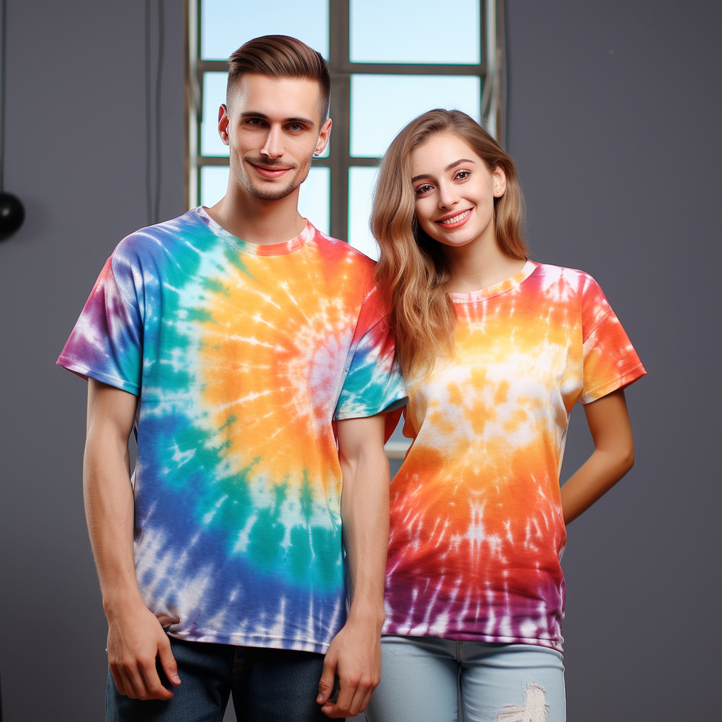 The model shows off her upper body in a tie-dyed T-shirt.