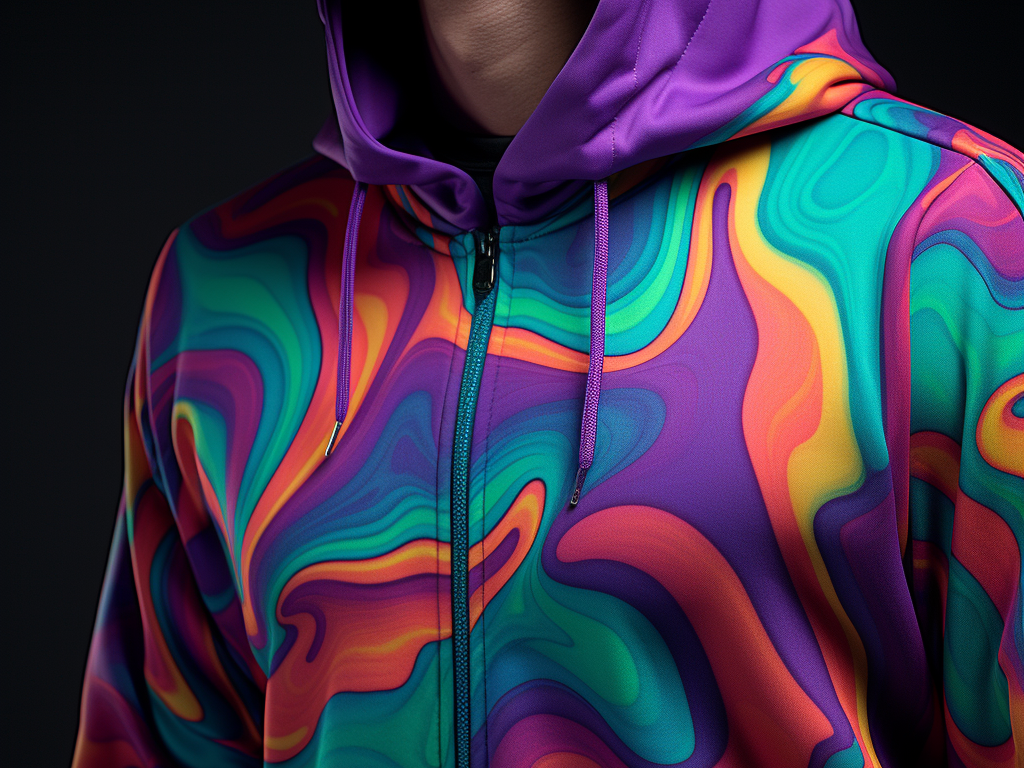 Visualize a polyester hoodie, perhaps displayed in an active, outdoor setting. The hoodie might be portrayed in a vibrant, energetic color, worn by a person engaged in an outdoor activity, like jogging or cycling, to emphasize its appeal to active individuals. The fabric appears sleek and slightly shiny, highlighting its synthetic nature. Close-up shots might reveal the smooth weave of the polyester, while small, dynamic text annotations could point out its moisture-wicking capabilities, resistance to wrinkles, and its durable nature. The overall scene radiates a sense of movement and energy, aligning with the active lifestyle that polyester hoodies often cater to.