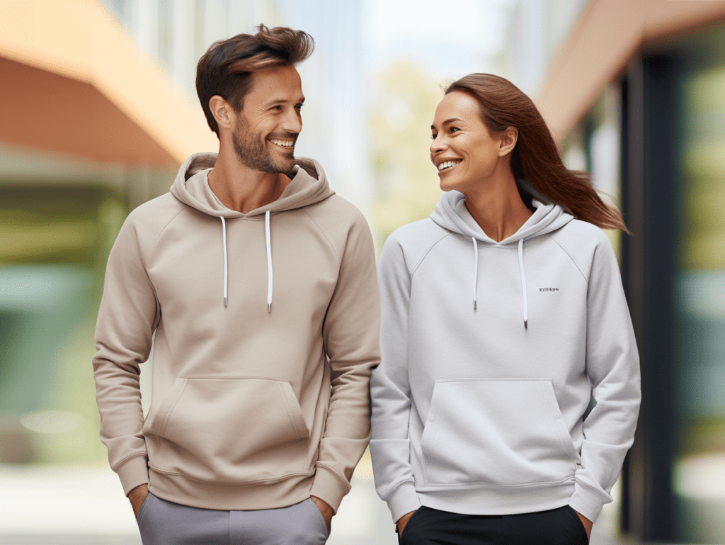 Visualize a side-by-side comparison showcasing two individuals wearing different hoodie styles. On the left, a person sports a classic cotton hoodie with a timeless and relaxed appearance, ideal for everyday wear. On the right, another person wears a modern synthetic hoodie with a sleek and technical look, perfect for active and sporty outfits. This contrast illustrates how your choice of hoodie material can align with your personal style preferences, ensuring you feel confident and stylish.