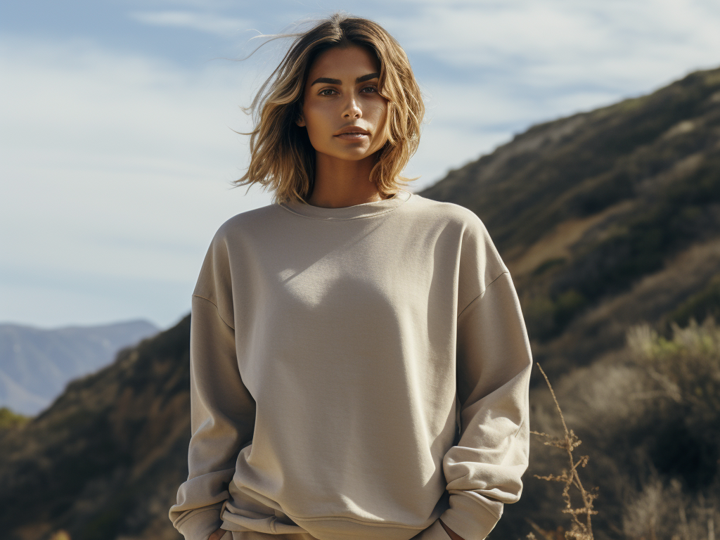 Visualize a woman, radiating a calm and mindful aura, adorned in a sweatshirt set that speaks volumes about her commitment to sustainable fashion. Her sweatshirt, crafted from soft, organic cotton, drapes gently, providing a comfortable and breathable fit, while the matching bottoms, made from recycled materials, showcase a stylish yet environmentally conscious choice. The subtle, earthy tones of her outfit not only complement her ethical lifestyle but also stand as a testament to the growing trend towards sustainability in fashion. Her choice to support brands that adhere to fair trade practices and ethical production not only enhances her style but also contributes positively to the global fashion industry, blending aesthetic appeal with a conscientious approach to consumerism