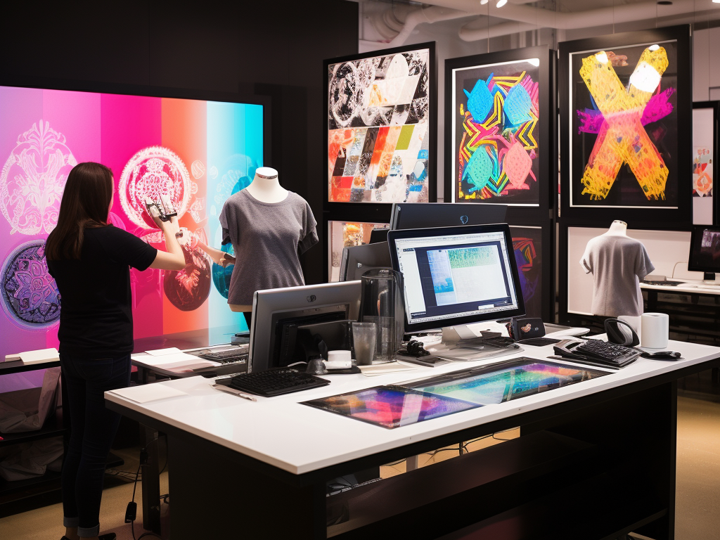 Within a vibrant design studio, two digital screens come into focus. The left screen displays a gallery of pre-made graphics, showcasing a mix of symbols, abstract patterns, and popular logos. Adjacent, the right screen exhibits a custom graphic in the making, perhaps a hand-drawn sketch being digitized. Amidst the screens, color samples and fabric materials are sprinkled, encapsulating the essence of personal choices and creativity in hoodie customization. -
