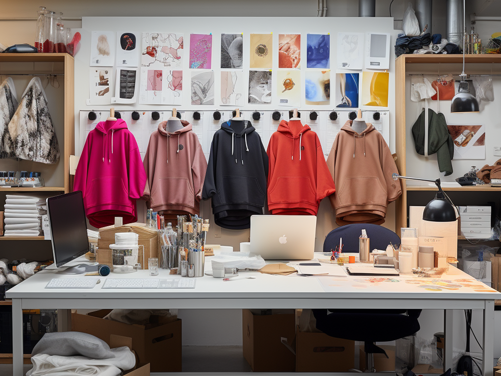 A well-organized workspace features three distinct sections. To the left, a trio of hoodies - pullover, zip-up, and hoodie dress - are neatly showcased, highlighting different styles. The center reveals a collection of labeled fabric swatches, showcasing cotton, polyester, fleece, and blends. The layout provides a clear, visual step-by-step guide, emphasizing the initial phases of hoodie personalization. 
