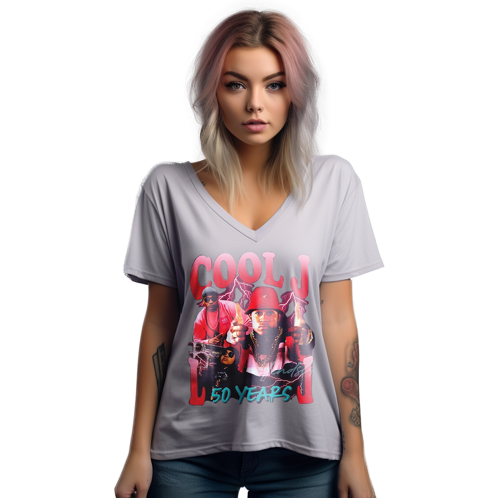 Deep V-neck LL Cool J T-shirt: A Stylish Twist on Hip-Hop Classic The “Deep V-neck LL Cool J T-shirt” adds a trendy touch to hip-hopfashion.
