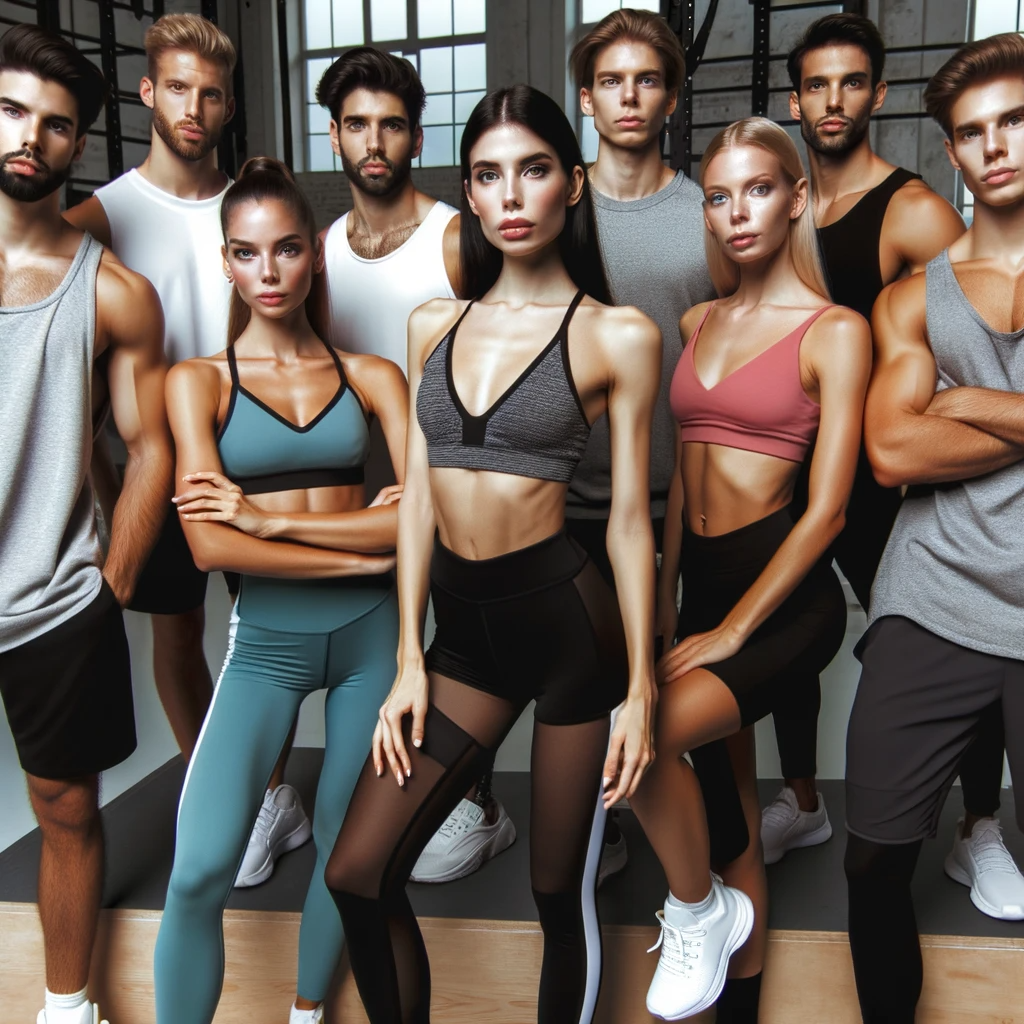 Photo of a diverse group of individuals, each striking a confident pose in a gym setting. They're all dressed in activewear, their expressions and postures exemplifying the confidence boost that comes with wearing the right gear.