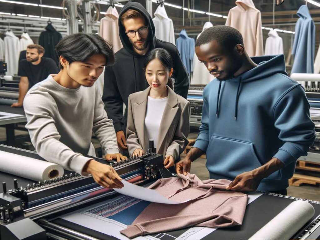 Instruction: Generate an image illustrating cost-effective hoodie production.
Description: An image depicting a modern hoodie manufacturing facility with automated machines and workers focused on cost-effective production processes.