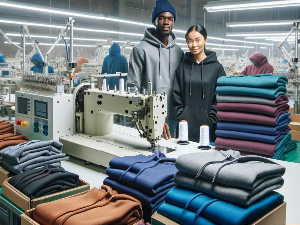 The image above illustrates a modern, cost-effective hoodie manufacturing facility, designed to give a more realistic representation of the environment and processes.