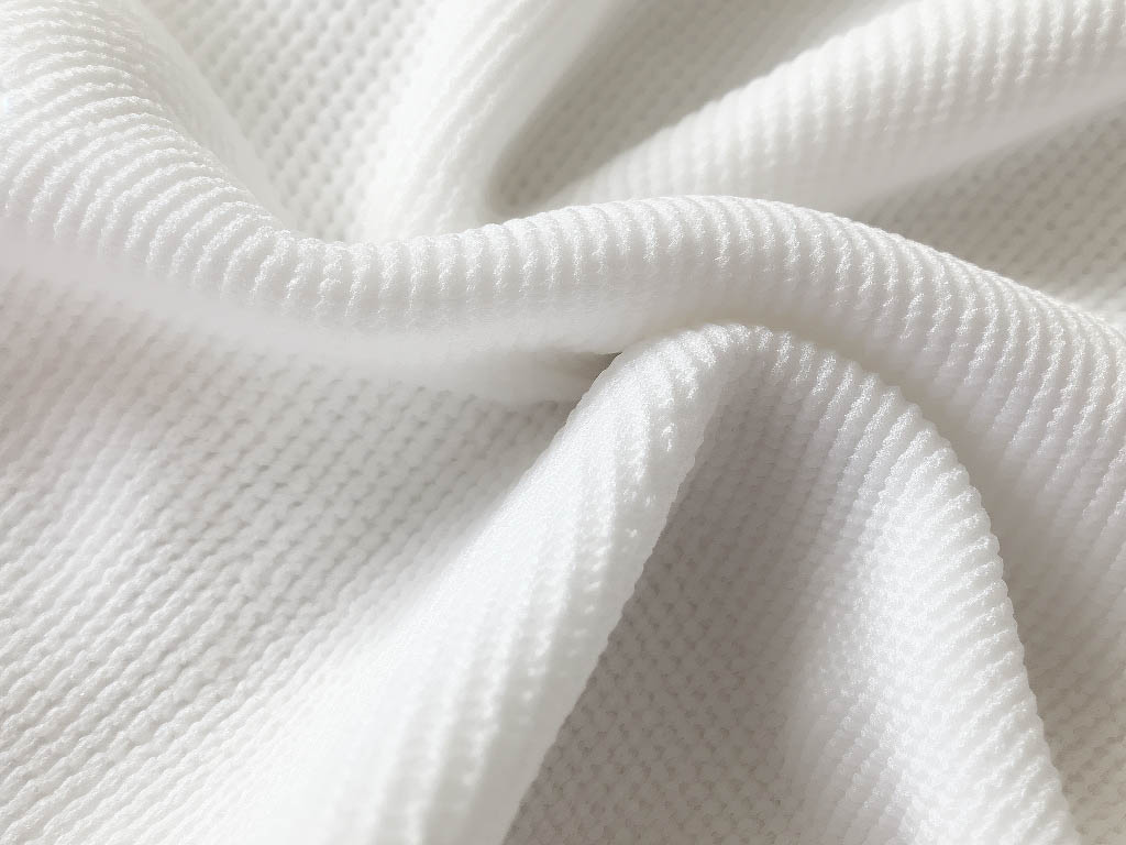 A close-up view of a synthetic fabric used in t-shirt production, highlighting its texture and composition.