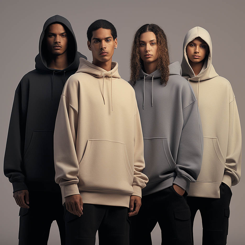 A collection of oversized hoodies is displayed, highlighting their functional features.