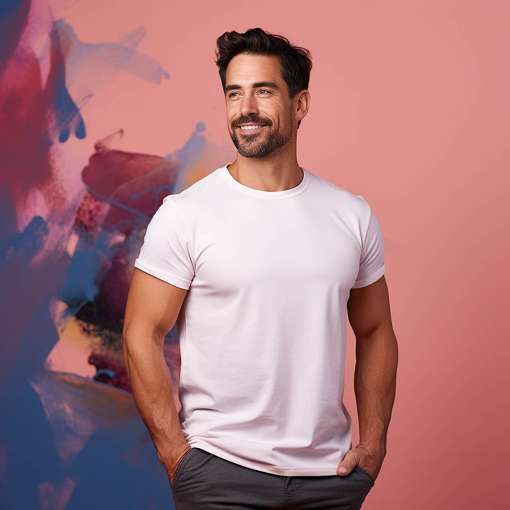 A man dressed by Cotton Customized t-shirt made of fabric fabric with solid color background