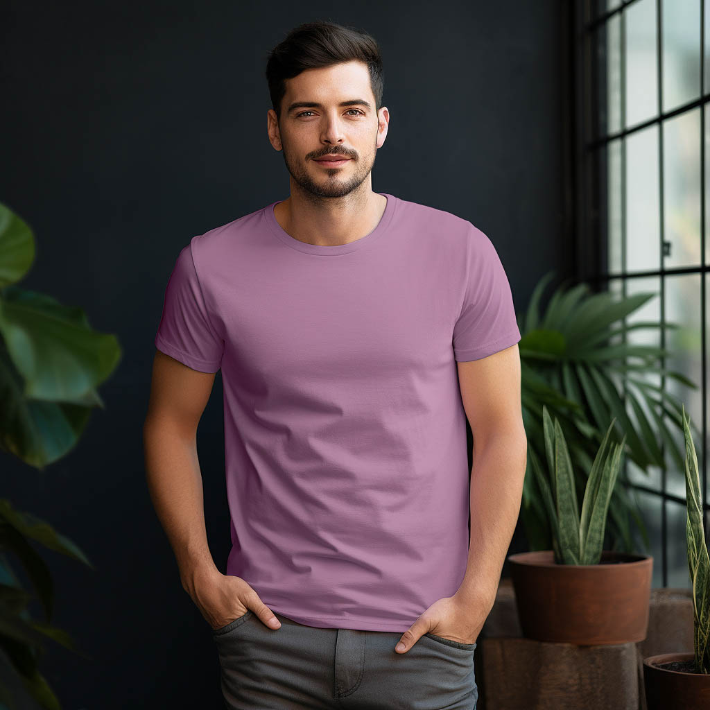 A man dressed by Modal Customized t-shirt made of fabric fabric with solid color background