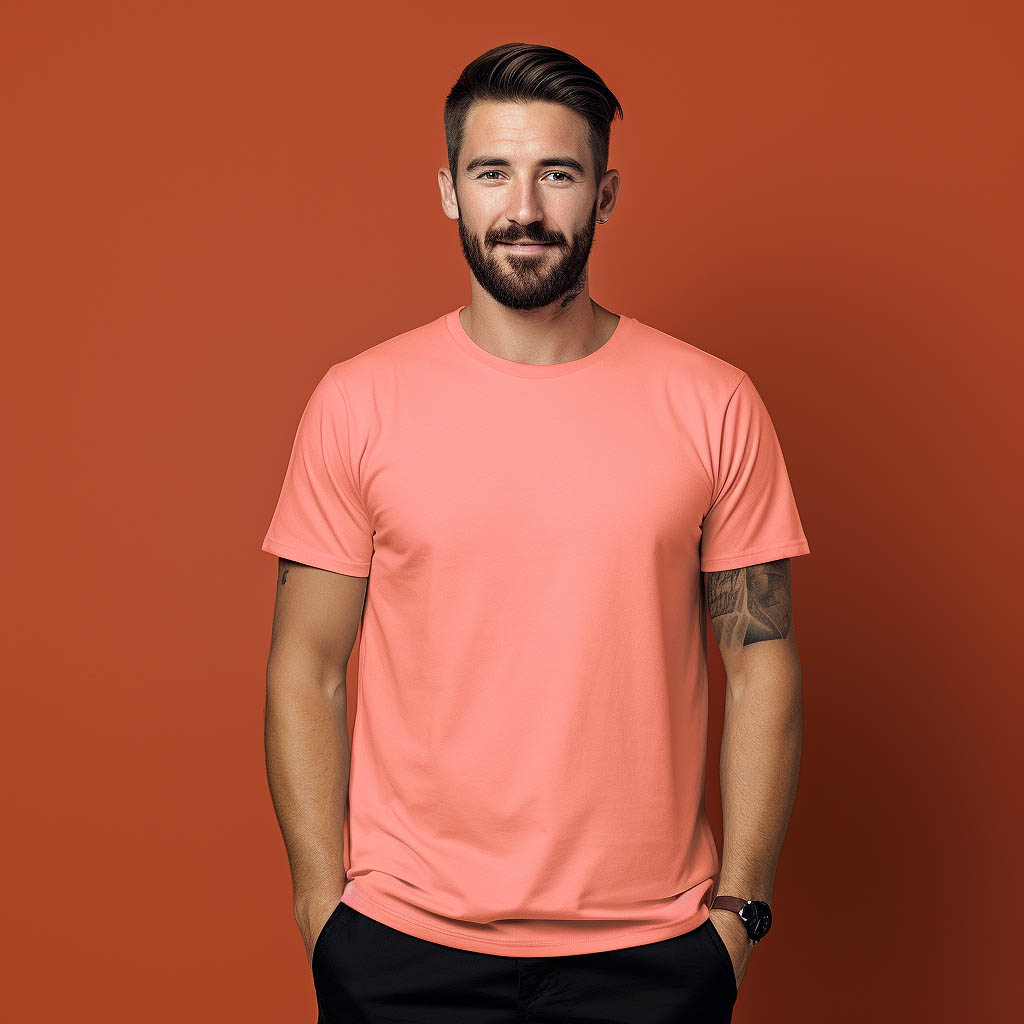 A man dressed by Polyester Customized t-shirt made of fabric fabric with solid color background