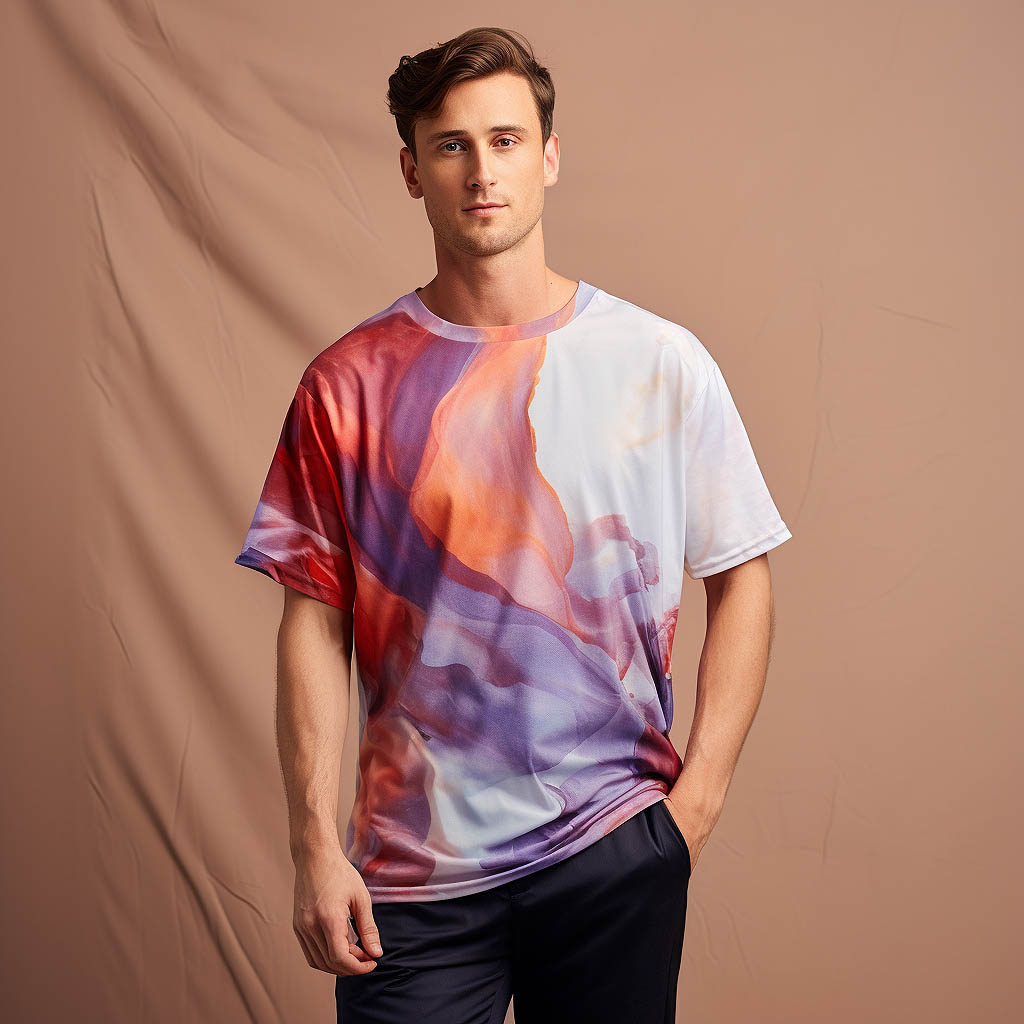 A man dressed by Silk Customized t-shirt made of fabric fabric with solid color background