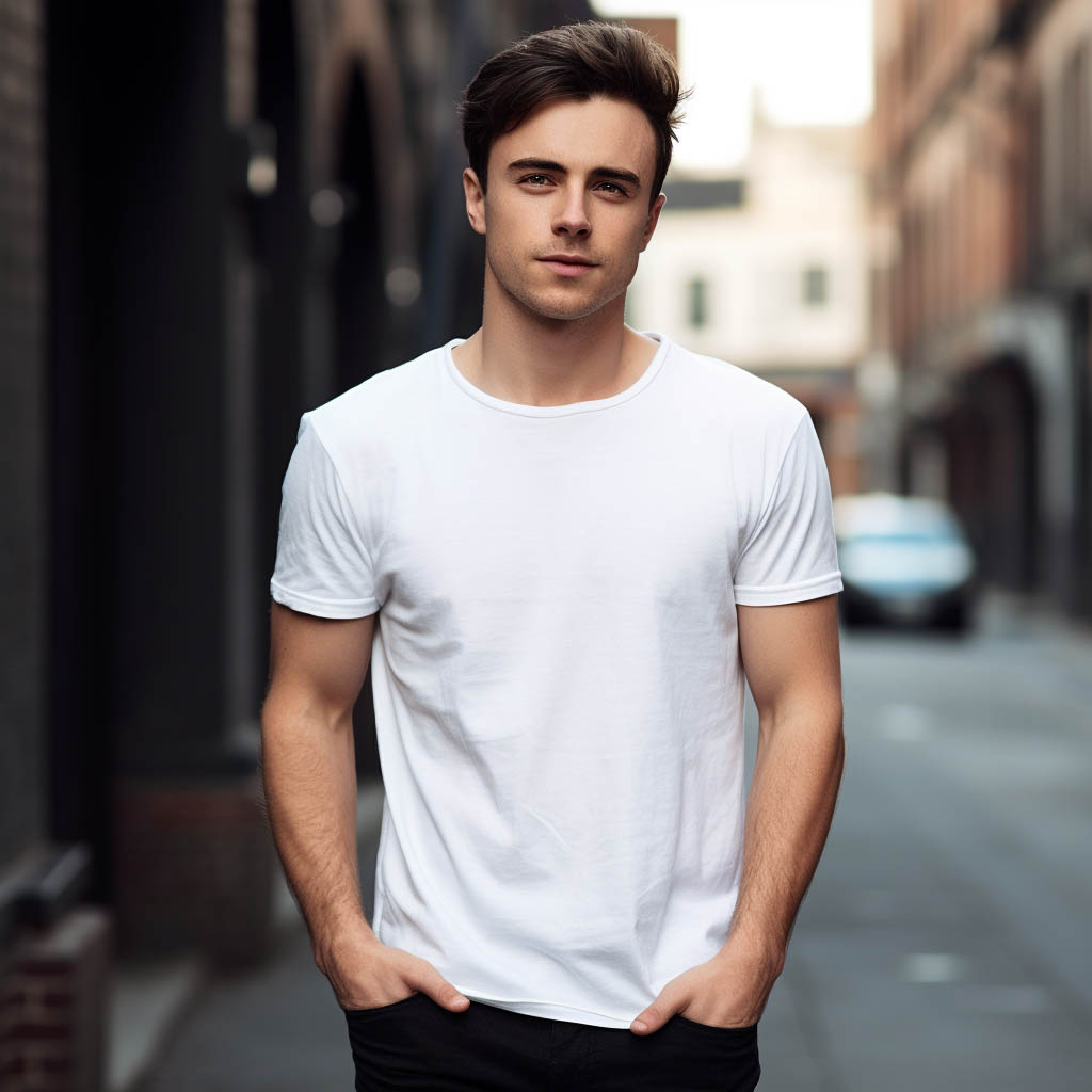 A man wearing a basic T-shirt