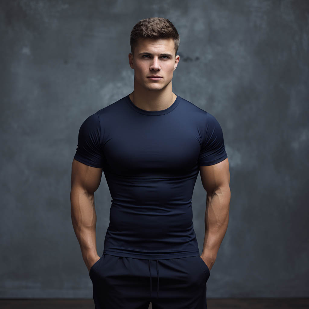 A man wearing a compression t-shirt solid color
