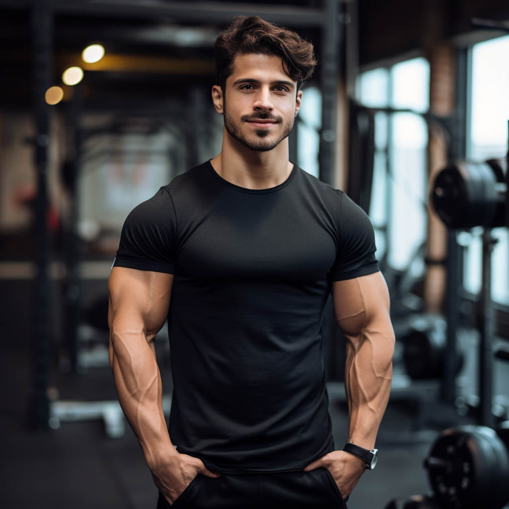 A man wearing a fitness T-shirt