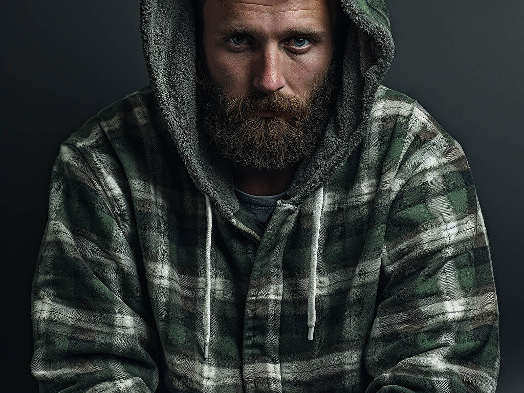 A man wearing a hoodie made of flannel fabric