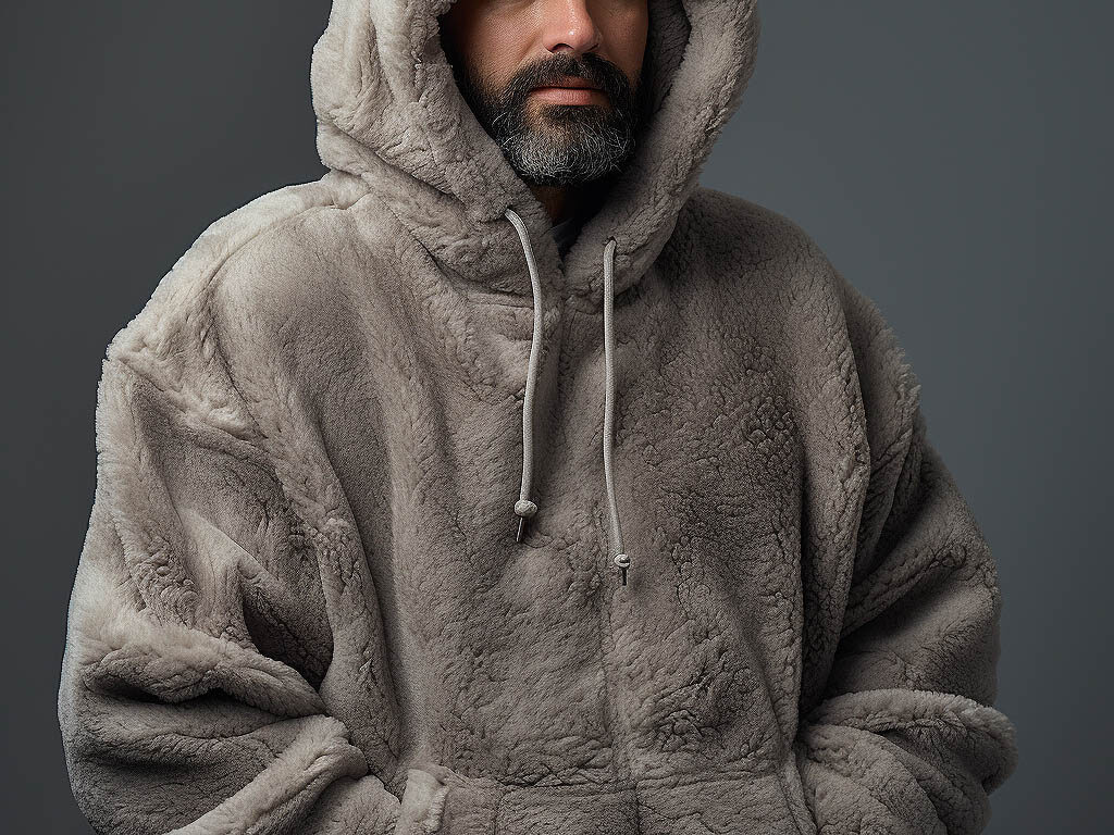 A man wearing a hoodie made of fleece fabric