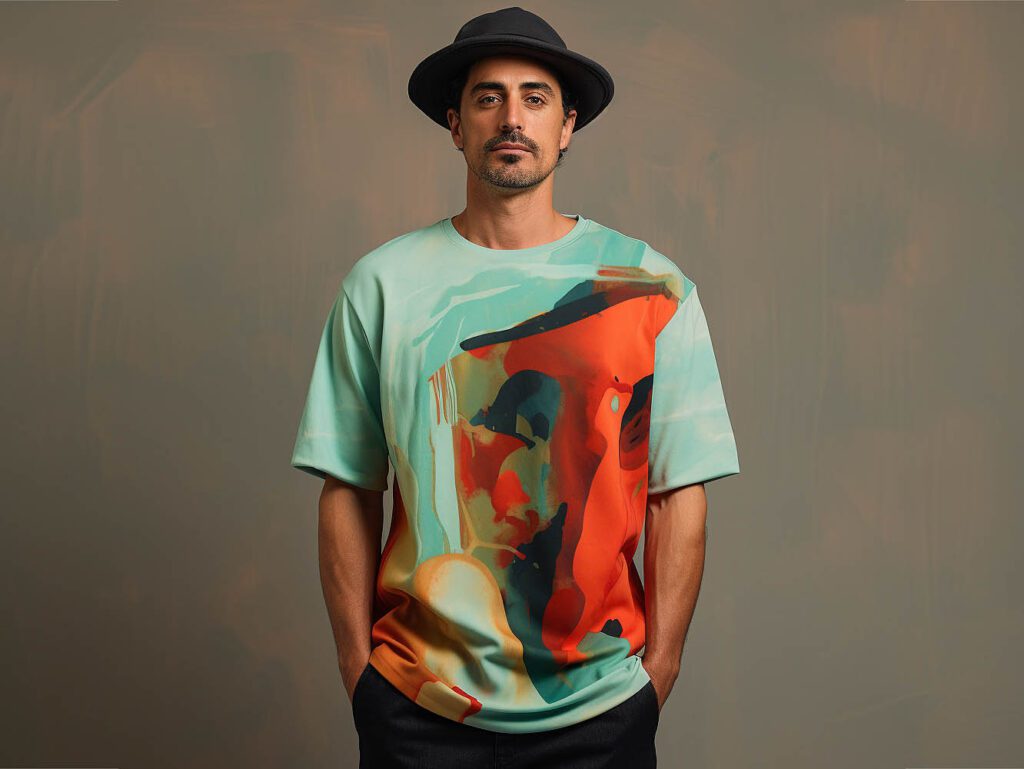 A man wearing a piece of clothing printed with artwork Artist's work, such as paintings or digital art, displayed on t-shirts with a solid color background