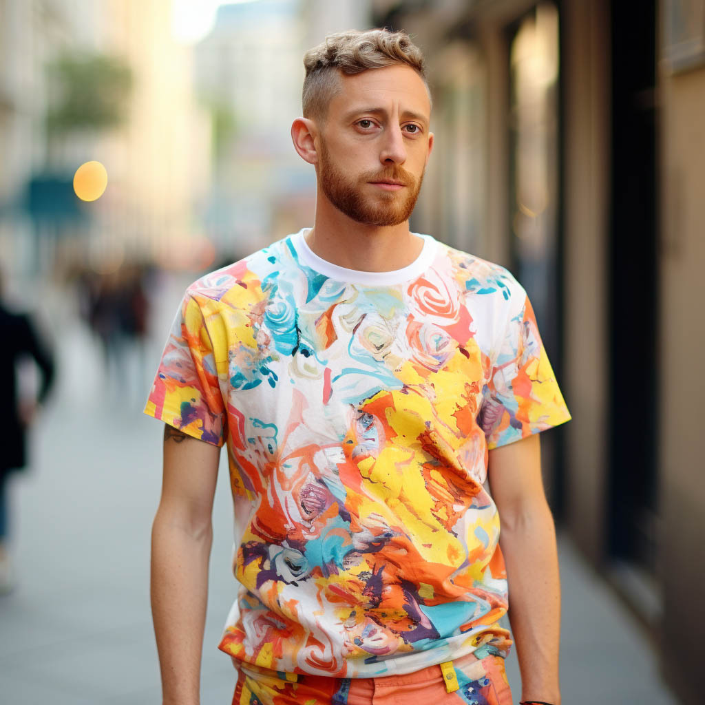 A man wearing a printed T-shirt