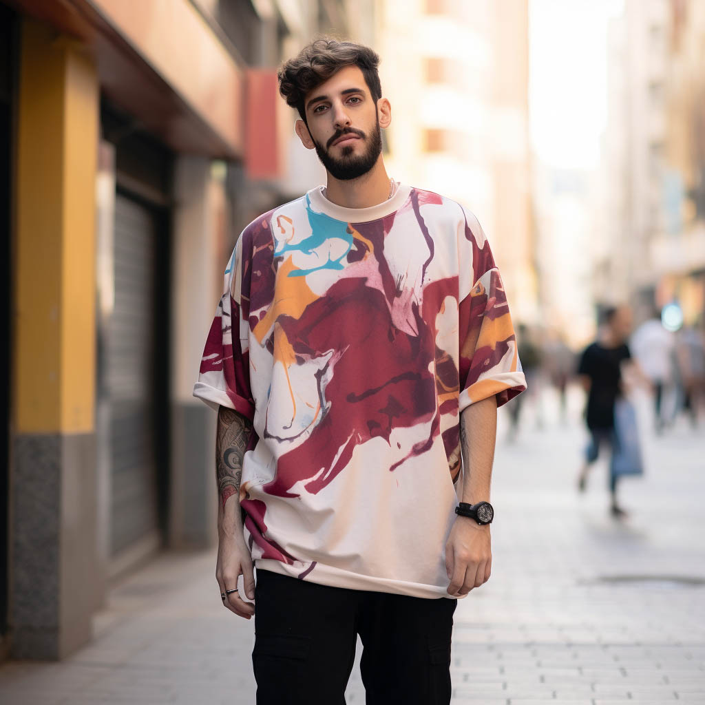 A man wearing a printed oversized T-shirt