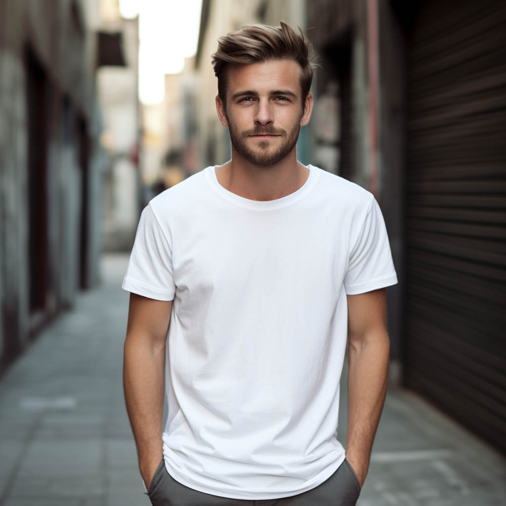 A man wearing a round neck T-shirt