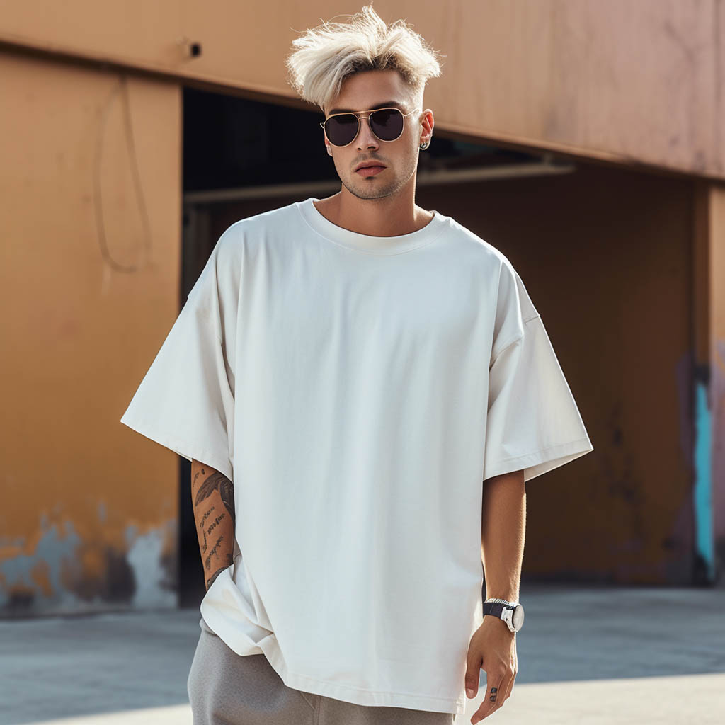 A man wearing an oversized T-shirt