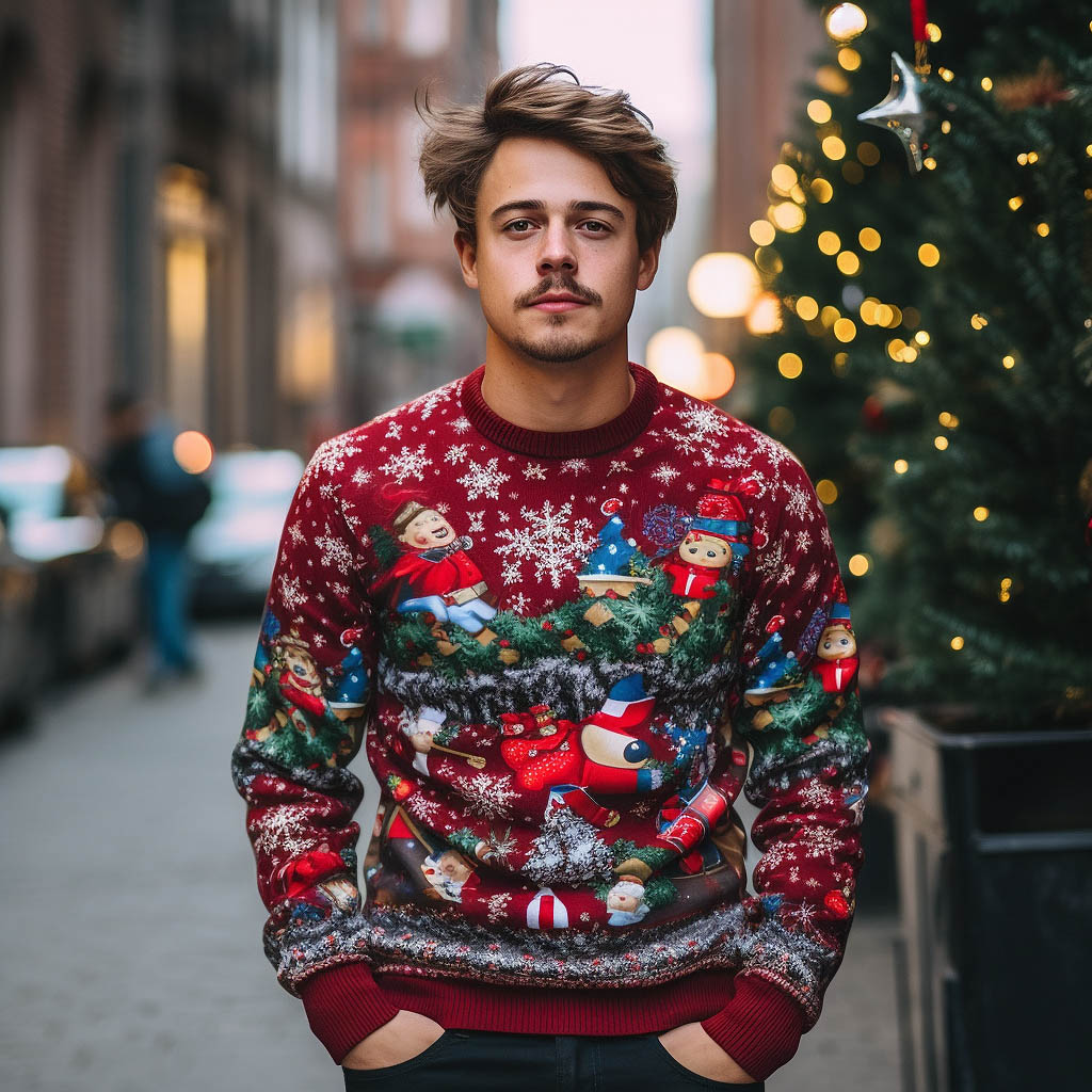 A man wearing an ugly Christmas sweatshirt