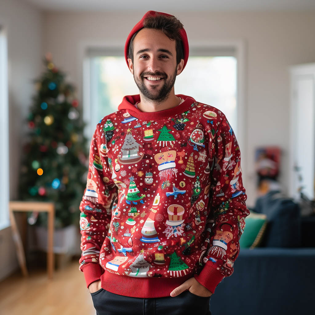 A man wearing an ugly Christmas sweatshirt