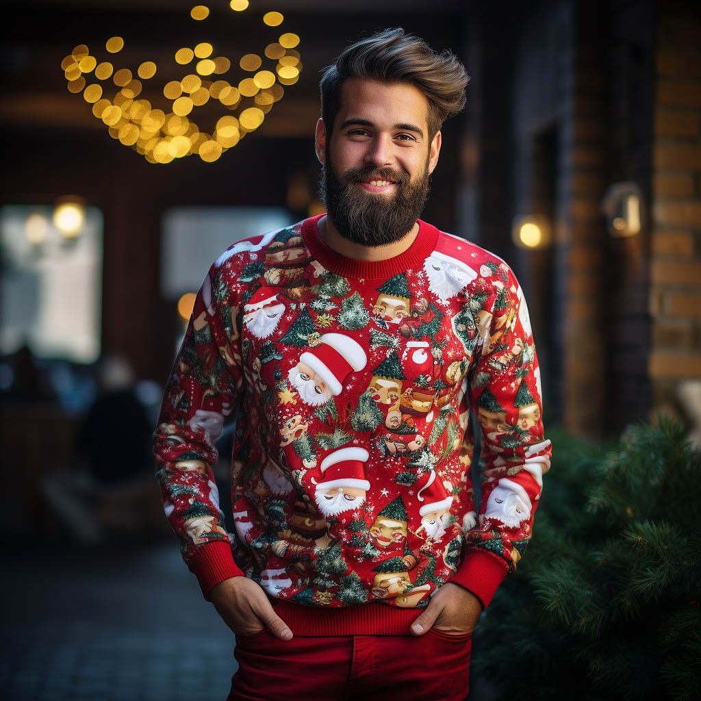 A man wearing an ugly Christmas sweatshirt made of polyester fabric cloth