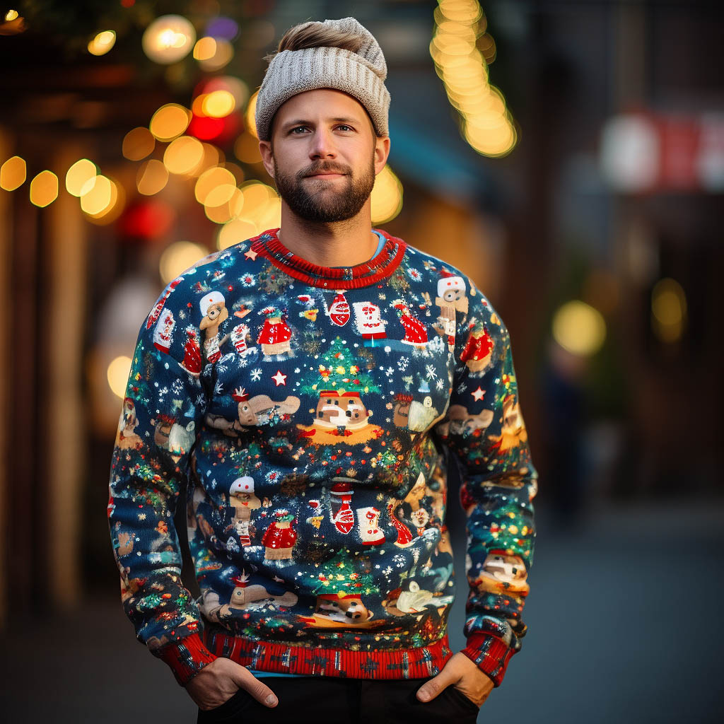 A man wearing an ugly Christmas sweatshirt made of Fleece fabric fabric