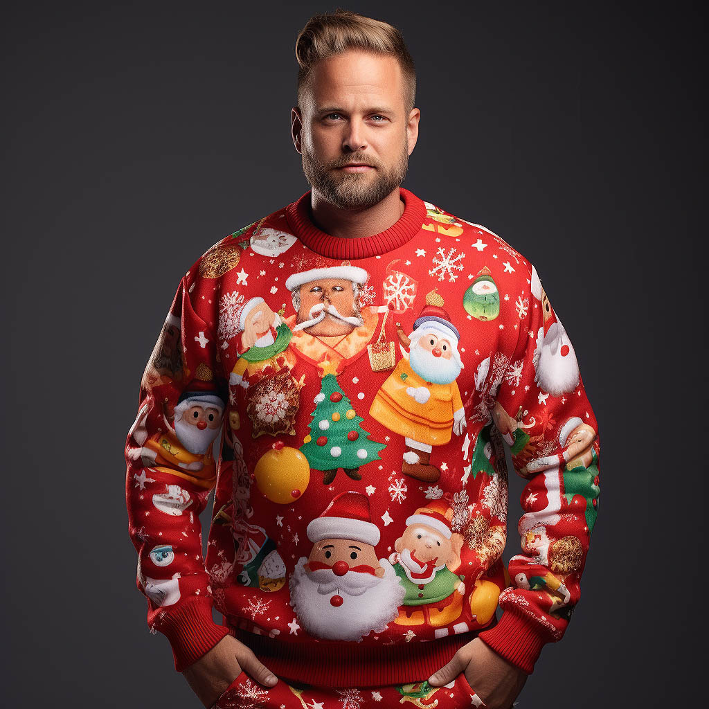 A man wearing an ugly Christmas sweatshirt made of Acrylic fabric cloth