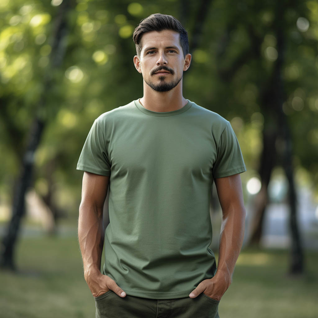A man wears a T-shirt made of cotton-polyester blend fabric. Solid color