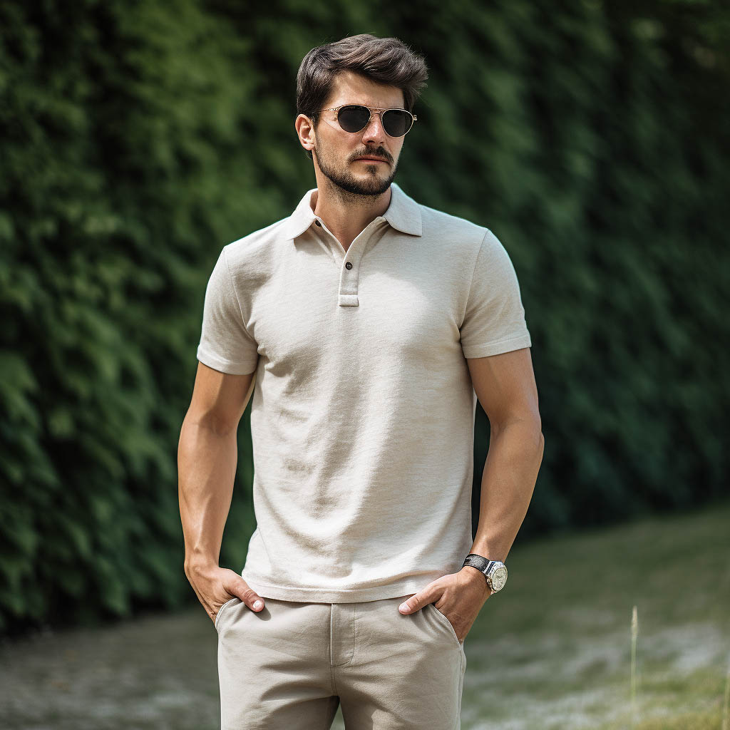 A man wears a men's polo shirt made of Cotton-Linen Blend Fabric fabric
