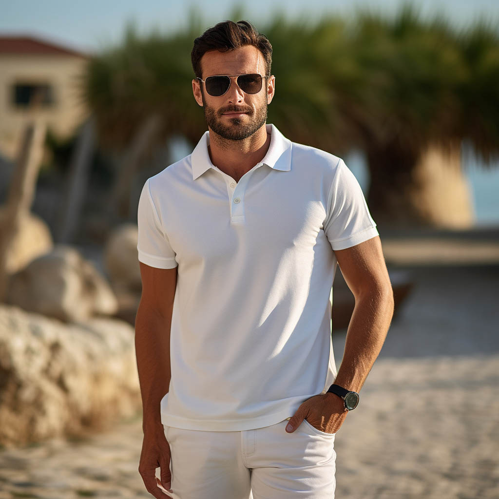 A man wears a men's polo shirt made of Cotton Pique Fabric fabric