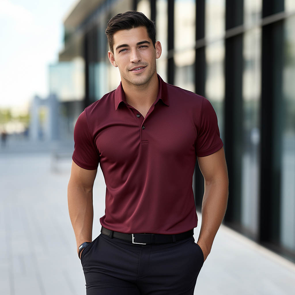 A man wears a men's polo shirt made of Nylon fabric