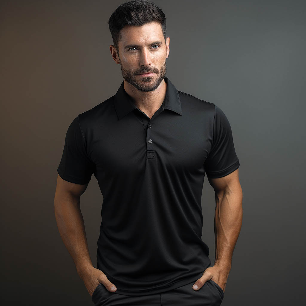 A man wears a men's polo shirt made of Polyester fabric