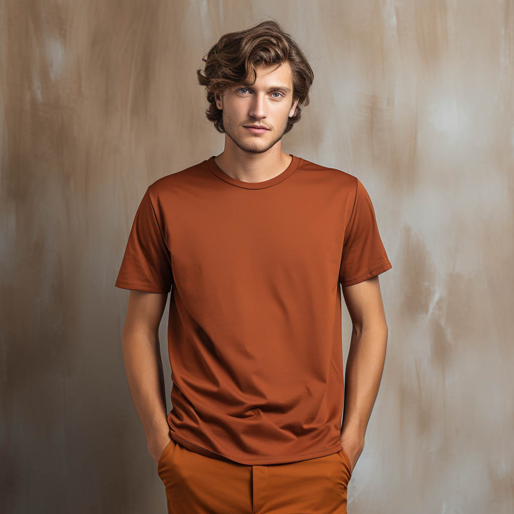 A man wears a t-shirt made of modal fabric. Solid color