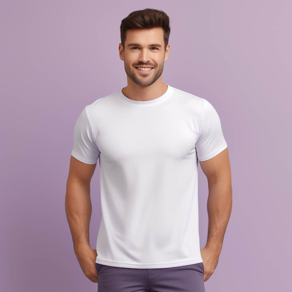 A man wears a t-shirt made of polyester fabric. Solid color